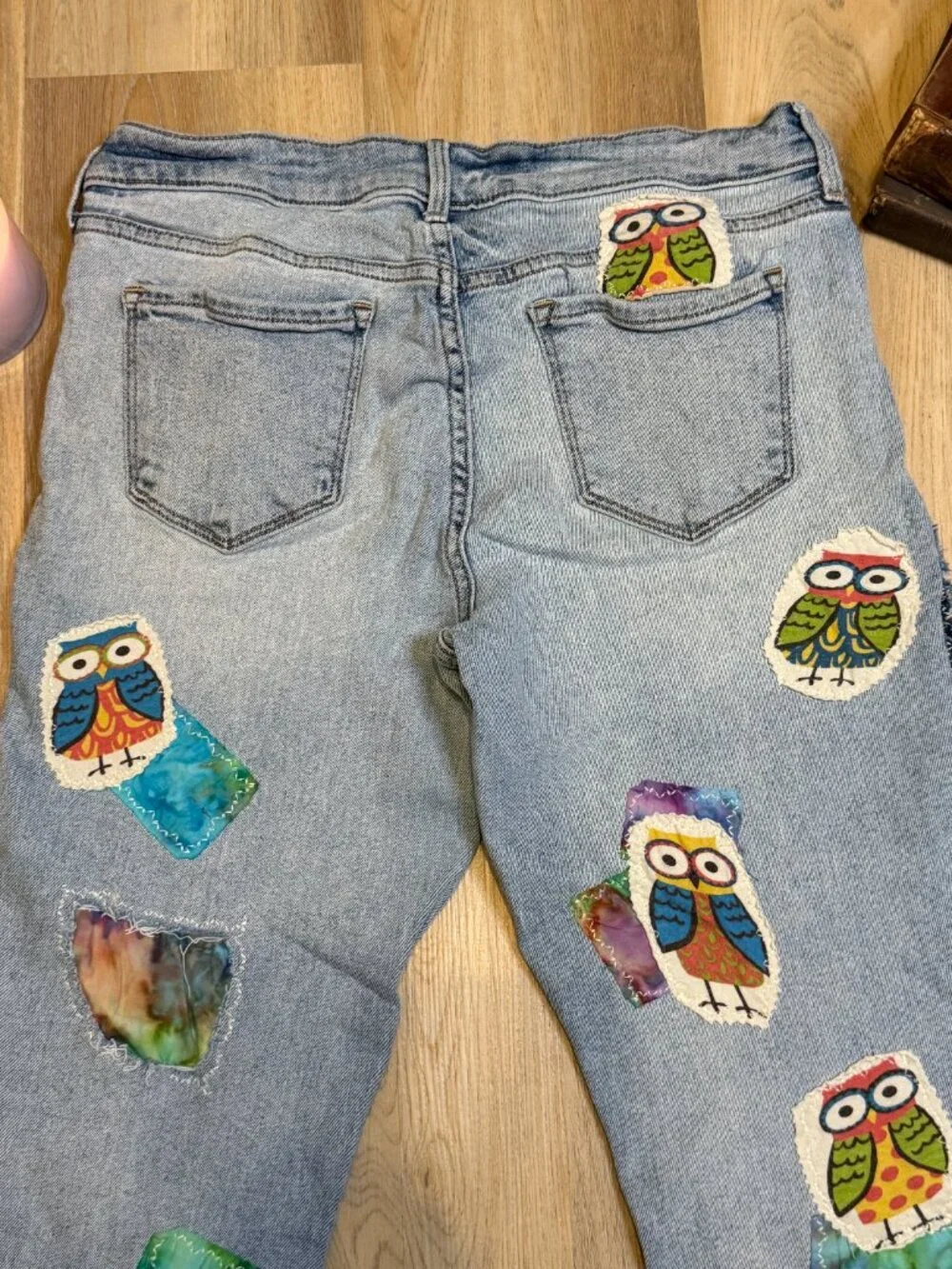 Upcycled Owl Patchwork Jeans | Wide Leg Denim, Visible Mending Art, Cropped Hem